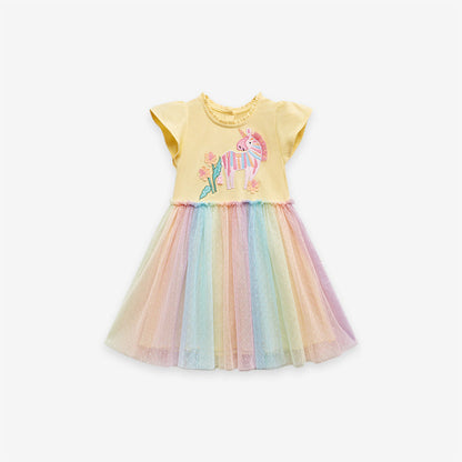 MyKids-USA® Girls Unicorn Pattern Crew Neck Short Sleeves Tulle Patchwork Princess Dress