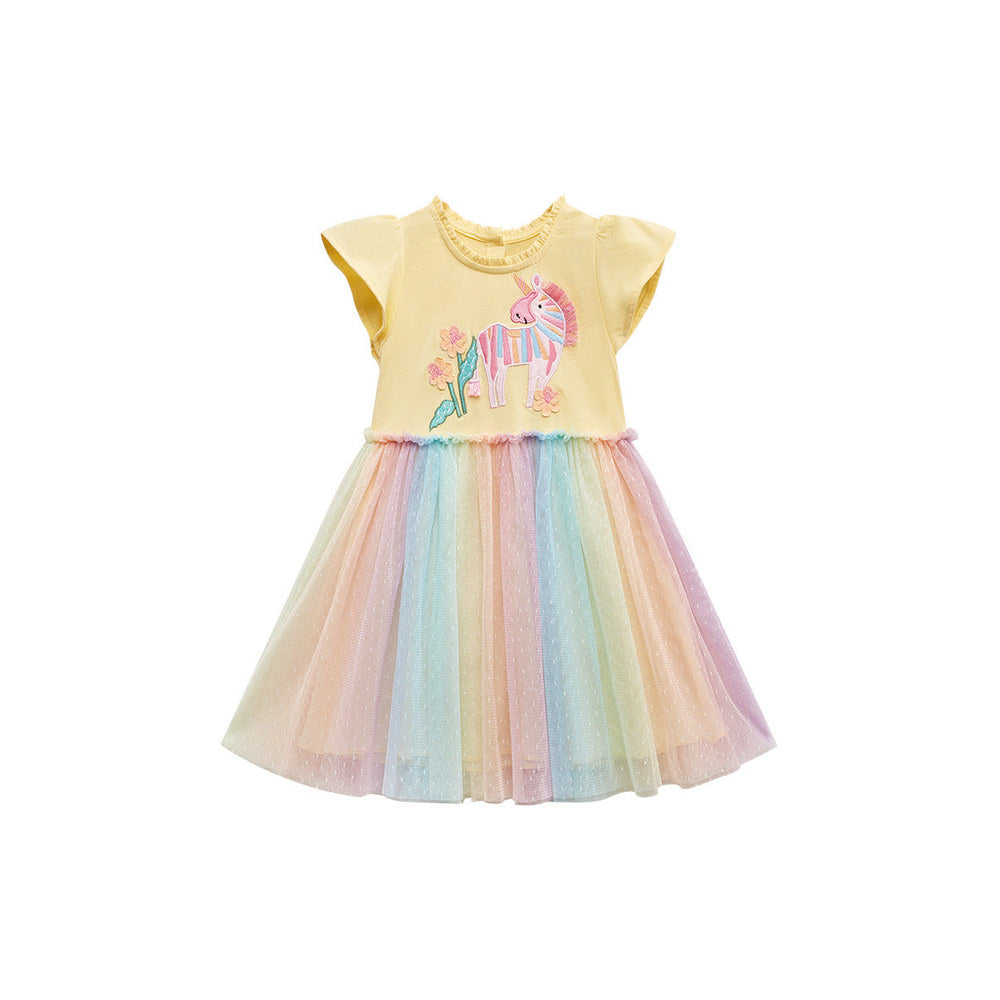 MyKids-USA® Girls Unicorn Pattern Crew Neck Short Sleeves Tulle Patchwork Princess Dress