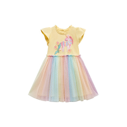 MyKids-USA® Girls Unicorn Pattern Crew Neck Short Sleeves Tulle Patchwork Princess Dress