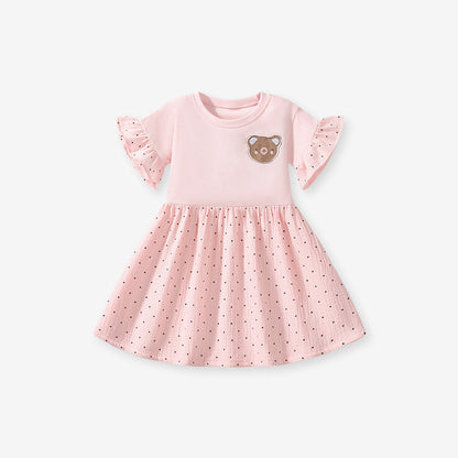 MyKids-USA® Teddy Logo Short-sleeved Pink Dress with Dots Pattern for Stylish Girls