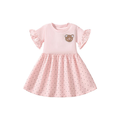 MyKids-USA® Teddy Logo Short-sleeved Pink Dress with Dots Pattern for Stylish Girls