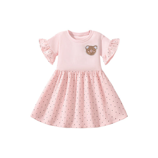 MyKids-USA® Summer Teddy Logo Short-sleeved Pink Dress with Dots Pattern for Stylish Girls