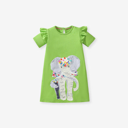 MyKids-USA® Pure Cotton Animals Pattern Short-sleeved Green Dress for Stylish Girls