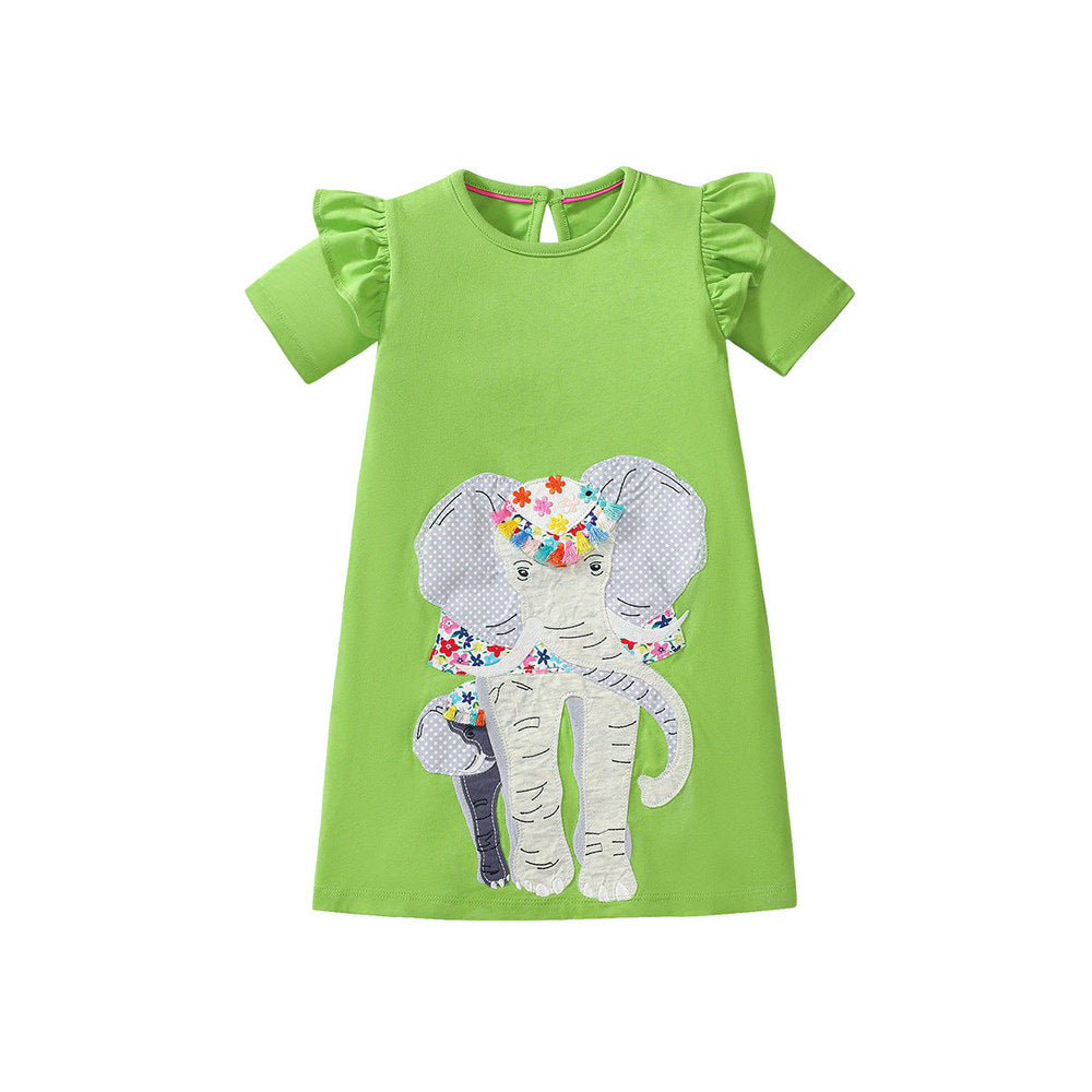 MyKids-USA® Pure Cotton Animals Pattern Short-sleeved Green Dress for Stylish Girls