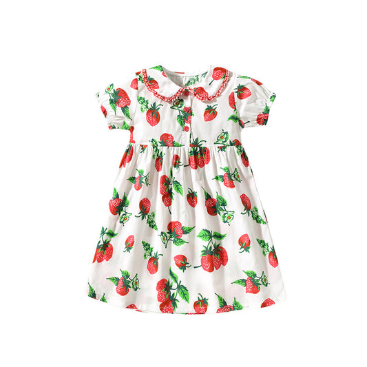 MyKids-USA® Summer Pure Cotton Strawberry Pattern Short-sleeved Dress with Peter Pan Collar for Stylish Girls
