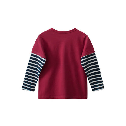 MyKids-USA® Kids Girls Cartoon Print Crew Neck Striped Long Sleeves Color Patchwork Top