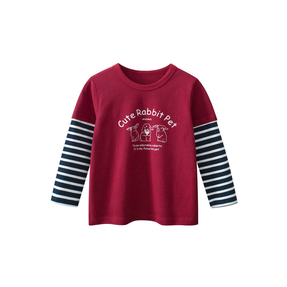 MyKids-USA® Kids Girls Cartoon Print Crew Neck Striped Long Sleeves Color Patchwork Top