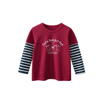 MyKids-USA® Kids Girls Cartoon Print Crew Neck Striped Long Sleeves Color Patchwork Top