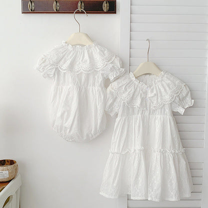 MyKids-USA® Baby Girls French-style Floral Embroidery Pattern Short-sleeved Plain bodysuit or Princess Dress