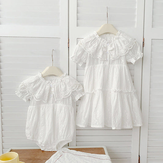 MyKids-USA® Baby Girls French-style Floral Embroidery Pattern Short-sleeved Plain bodysuit or Princess Dress