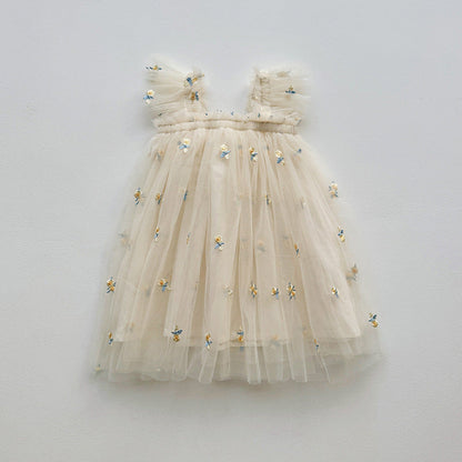 MyKids-USA® Baby Kids Girls Sleeveless Floral Jacquard Mesh Design Off Shoulder Strap Dress