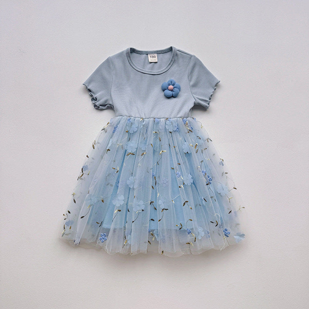 MyKids-USA® Baby Kids Girls Short-Sleeved 3D Flowers Pattern Mesh Design Patchwork Dress