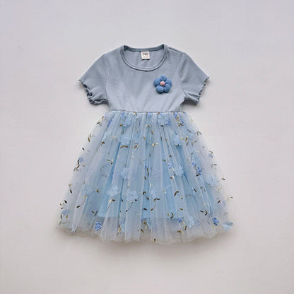 MyKids-USA® Baby Kids Girls Short-Sleeved 3D Flowers Pattern Mesh Design Patchwork Dress