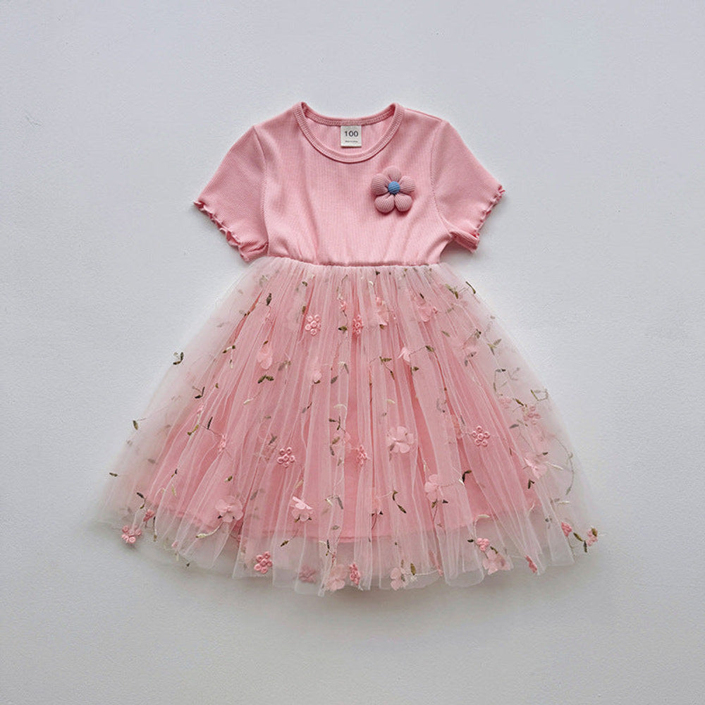 MyKids-USA® Baby Kids Girls Short-Sleeved 3D Flowers Pattern Mesh Design Patchwork Dress