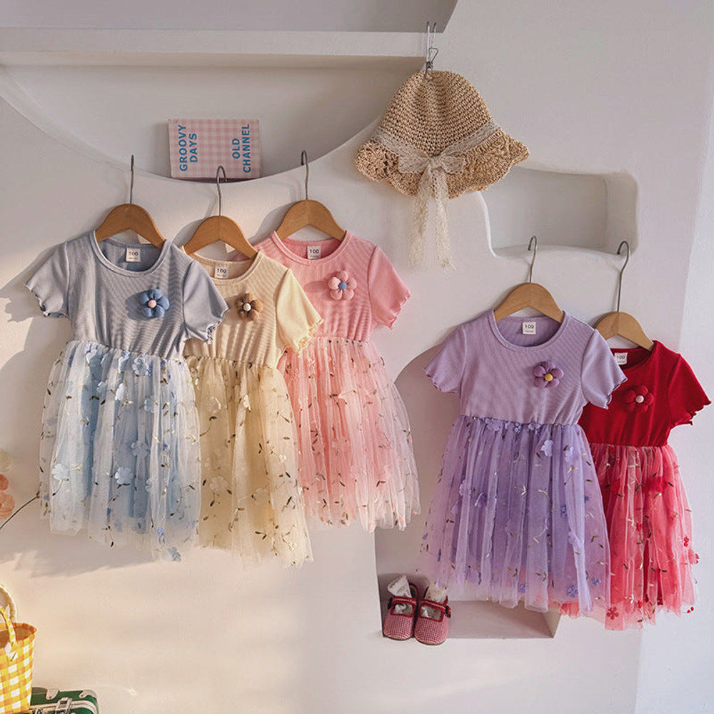 MyKids-USA® Baby Kids Girls Short-Sleeved 3D Flowers Pattern Mesh Design Patchwork Dress