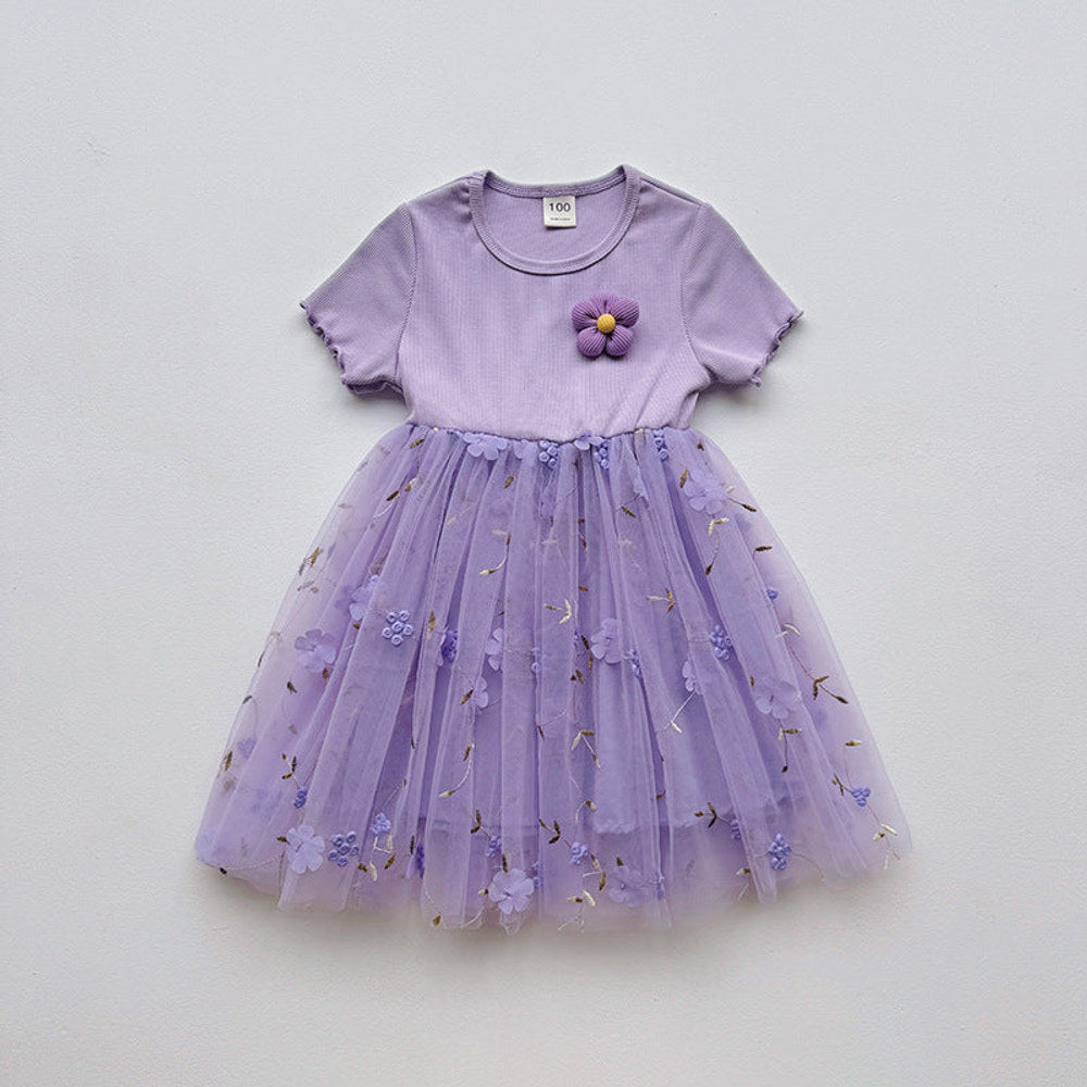 MyKids-USA® Baby Kids Girls Short-Sleeved 3D Flowers Pattern Mesh Design Patchwork Dress
