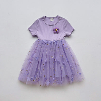 MyKids-USA® Baby Kids Girls Short-Sleeved 3D Flowers Pattern Mesh Design Patchwork Dress