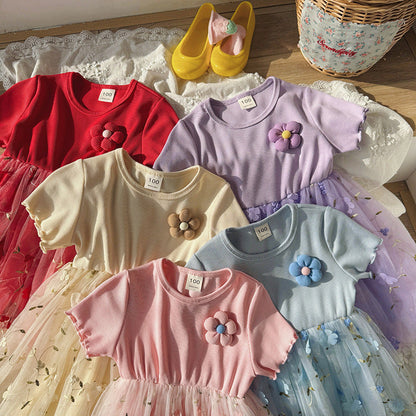 MyKids-USA® Baby Kids Girls Short-Sleeved 3D Flowers Pattern Mesh Design Patchwork Dress