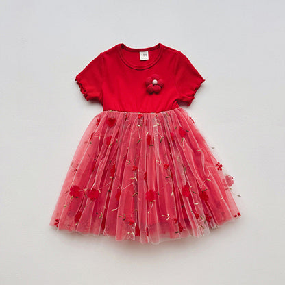 MyKids-USA® Baby Kids Girls Short-Sleeved 3D Flowers Pattern Mesh Design Patchwork Dress