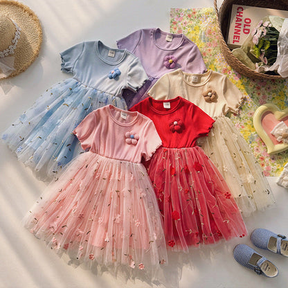 MyKids-USA® Baby Kids Girls Short-Sleeved 3D Flowers Pattern Mesh Design Patchwork Dress