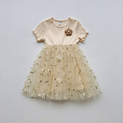MyKids-USA® Baby Kids Girls Short-Sleeved 3D Flowers Pattern Mesh Design Patchwork Dress