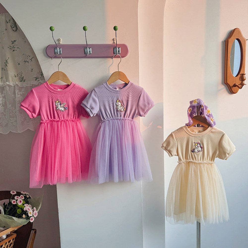 MyKids-USA® Baby Kids Girls Short-Sleeved Cartoon Unicorn Pattern Mesh Patchwork Dress