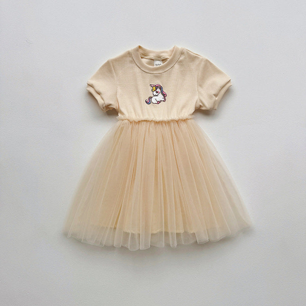 MyKids-USA® Baby Kids Girls Short-Sleeved Cartoon Unicorn Pattern Mesh Patchwork Dress