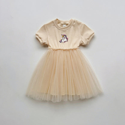 MyKids-USA® Baby Kids Girls Short-Sleeved Cartoon Unicorn Pattern Mesh Patchwork Dress