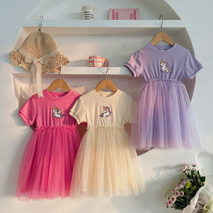 MyKids-USA® Baby Kids Girls Short-Sleeved Cartoon Unicorn Pattern Mesh Patchwork Dress