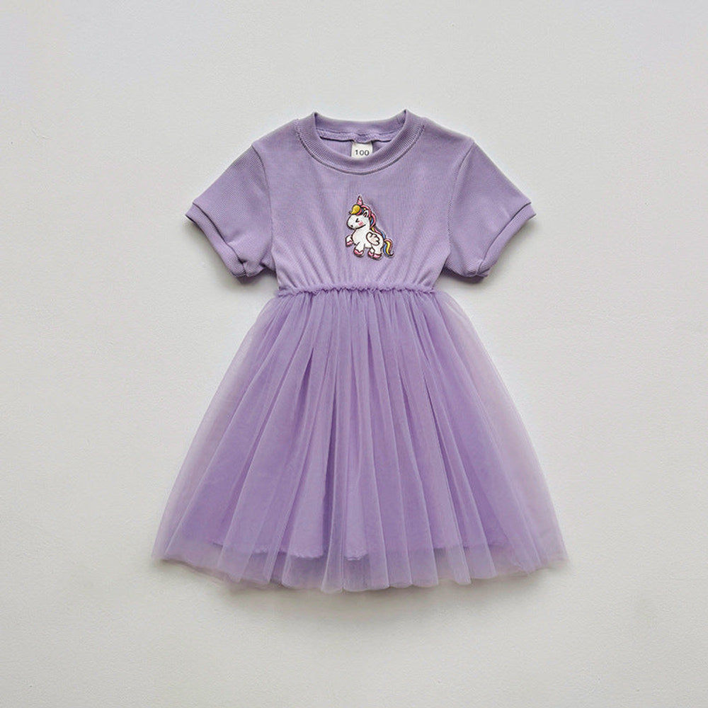 MyKids-USA® Baby Kids Girls Short-Sleeved Cartoon Unicorn Pattern Mesh Patchwork Dress