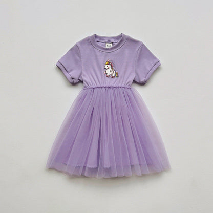 MyKids-USA® Baby Kids Girls Short-Sleeved Cartoon Unicorn Pattern Mesh Patchwork Dress