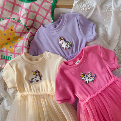 MyKids-USA® Baby Kids Girls Short-Sleeved Cartoon Unicorn Pattern Mesh Patchwork Dress
