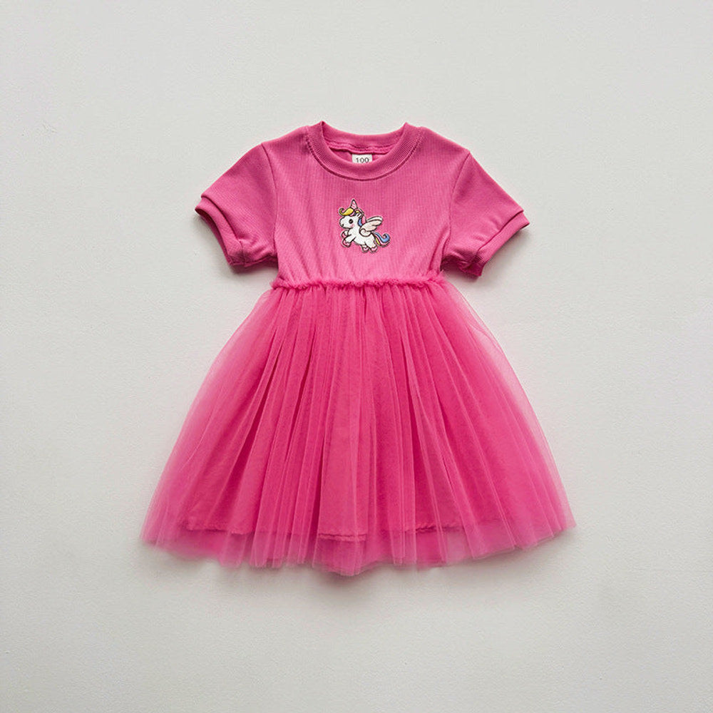 MyKids-USA® Baby Kids Girls Short-Sleeved Cartoon Unicorn Pattern Mesh Patchwork Dress