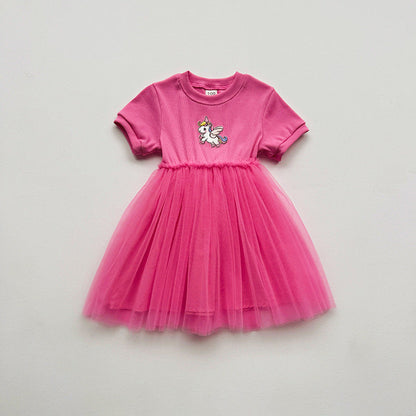MyKids-USA® Baby Kids Girls Short-Sleeved Cartoon Unicorn Pattern Mesh Patchwork Dress
