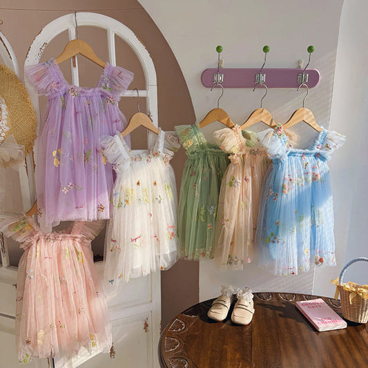 MyKids-USA® Summer Baby Kids Girls Sleeveless Floral Embroidered Mesh Design Off Shoulder Strap Dress