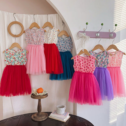 MyKids-USA® Baby Kids Girls Sleeveless Simple Pattern and Mesh Patchwork Dress