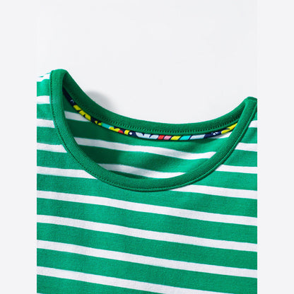 MyKids-USA® Animals Pattern Short-sleeved Green Dress with Striped Pattern for Stylish Girls