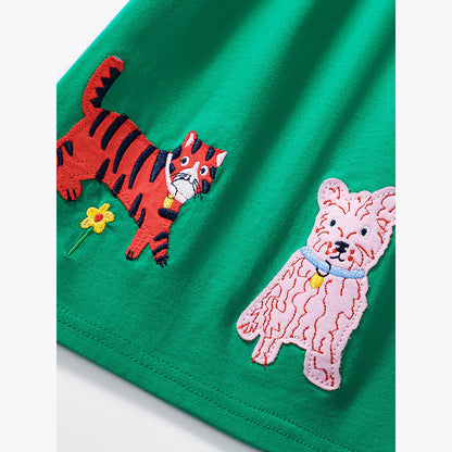 MyKids-USA® Animals Pattern Short-sleeved Green Dress with Striped Pattern for Stylish Girls