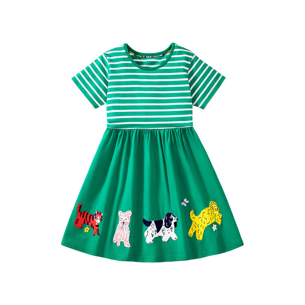 MyKids-USA® Animals Pattern Short-sleeved Green Dress with Striped Pattern for Stylish Girls