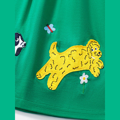 MyKids-USA® Animals Pattern Short-sleeved Green Dress with Striped Pattern for Stylish Girls