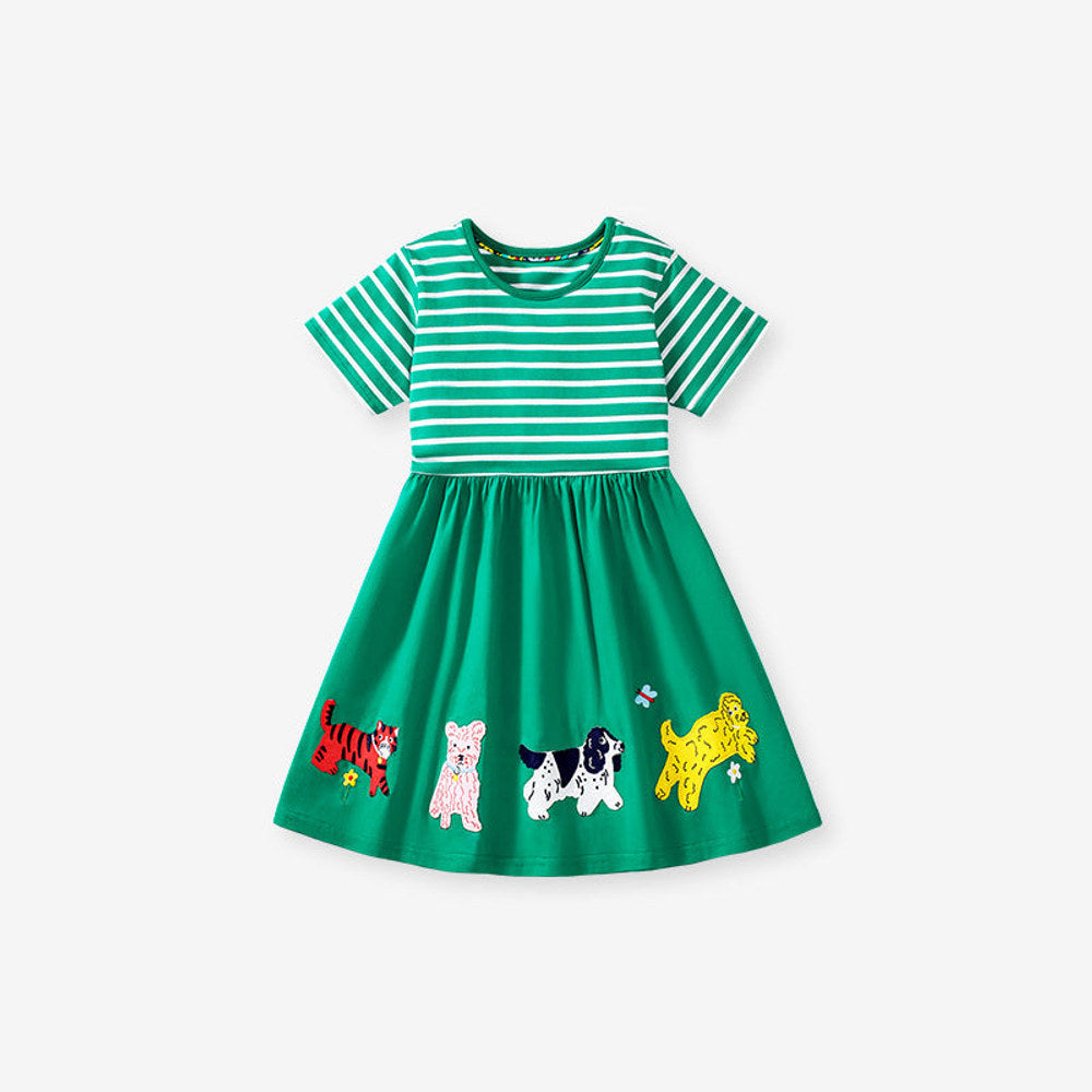 MyKids-USA® Animals Pattern Short-sleeved Green Dress with Striped Pattern for Stylish Girls