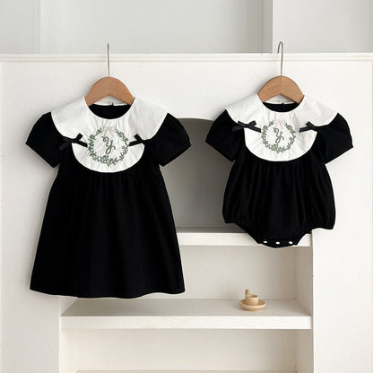 MyKids-USA® Baby Girls French-style Wreath Embroidery Pattern Short-sleeved bodysuit or Dress – Princess Sister Matching