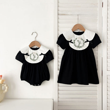 MyKids-USA® Baby Girls French-style Wreath Embroidery Pattern Short-sleeved bodysuit or Dress – Princess Sister Matching