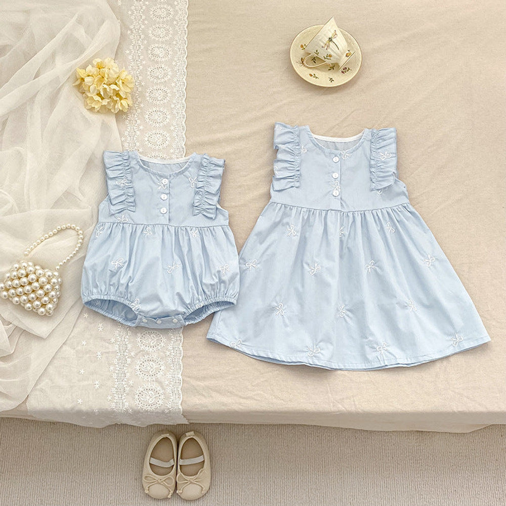 MyKids-USA® Baby Girls French-style Butterfly-Bows Embroidery Pattern Sleeveless bodysuit or Dress – Princess Sister Matching