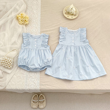 MyKids-USA® Baby Girls French-style Butterfly-Bows Embroidery Pattern Sleeveless bodysuit or Dress – Princess Sister Matching