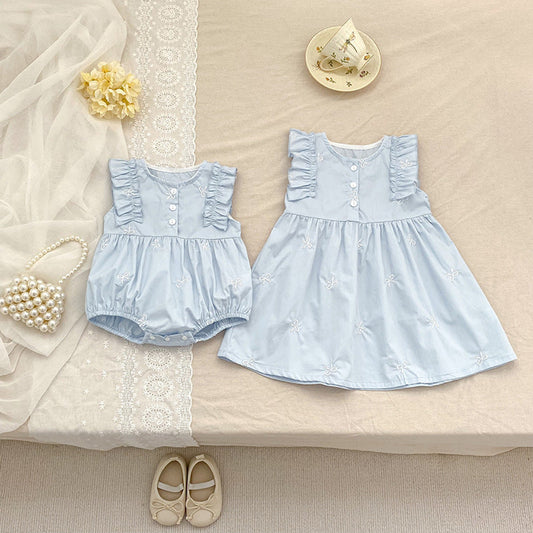 MyKids-USA® Baby Girls French-style Butterfly-Bows Embroidery Pattern Sleeveless bodysuit and Dress – Princess Sister Matching