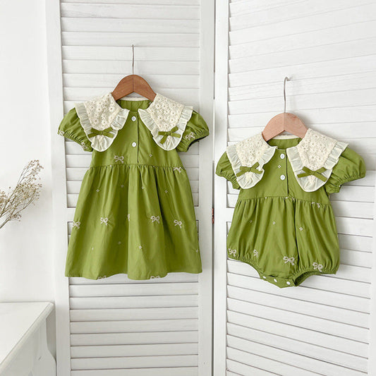 MyKids-USA® Design Baby Kids Girls Floral Pattern Collar Short Sleeves Bows Embroidery bodysuit and Girls’ Dress – Princess Sister Matching