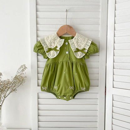 MyKids-USA® Design Baby Kids Girls Floral Pattern Collar Short Sleeves Bows Embroidery bodysuit or Girls’ Dress – Princess Sister Matching