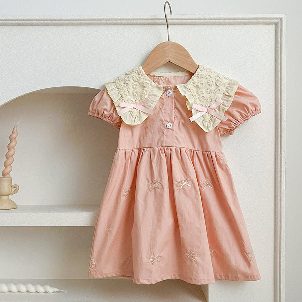 MyKids-USA® Design Baby Kids Girls Floral Pattern Collar Short Sleeves Bows Embroidery bodysuit or Girls’ Dress – Princess Sister Matching