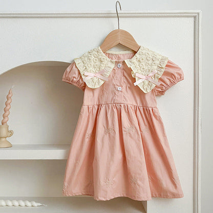 MyKids-USA® Design Baby Kids Girls Floral Pattern Collar Short Sleeves Bows Embroidery bodysuit or Girls’ Dress – Princess Sister Matching